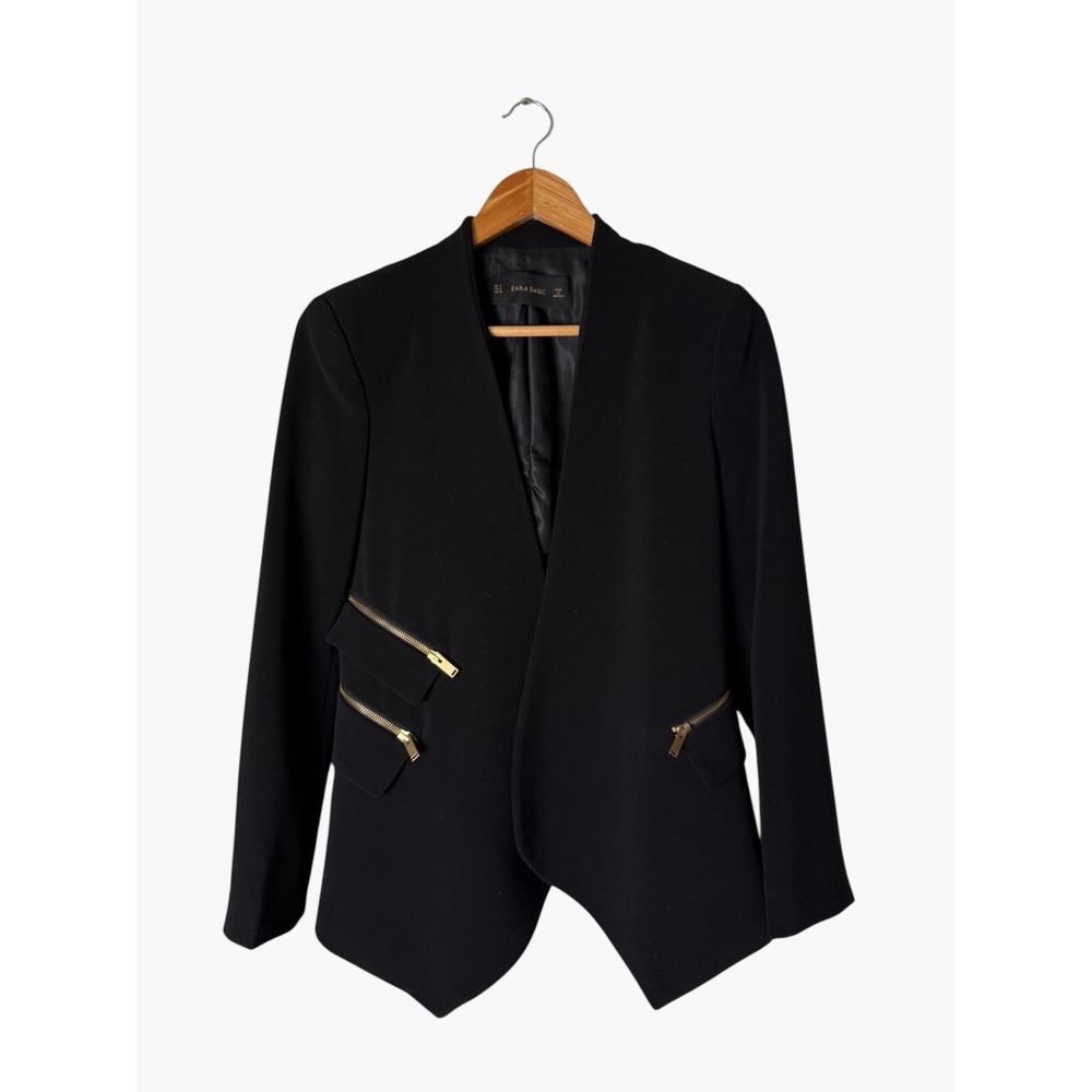 Zara Black Open Front Blazer Gold Zipper Detail Asymmetrical Hem, Sz Small